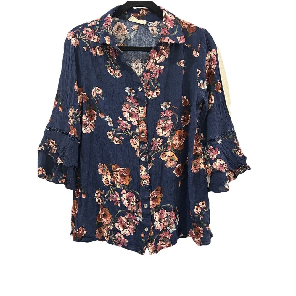 Altar'd State Womens Size M Top Navy Blue Floral Prints V Neck 3/4 Bell Sleeve